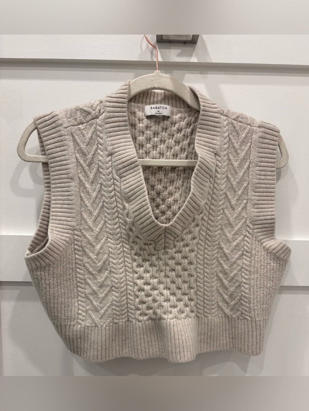 Babaton 100% Merino Wool Neutral Cream Cable-Knit V-Neck Sweater Vest